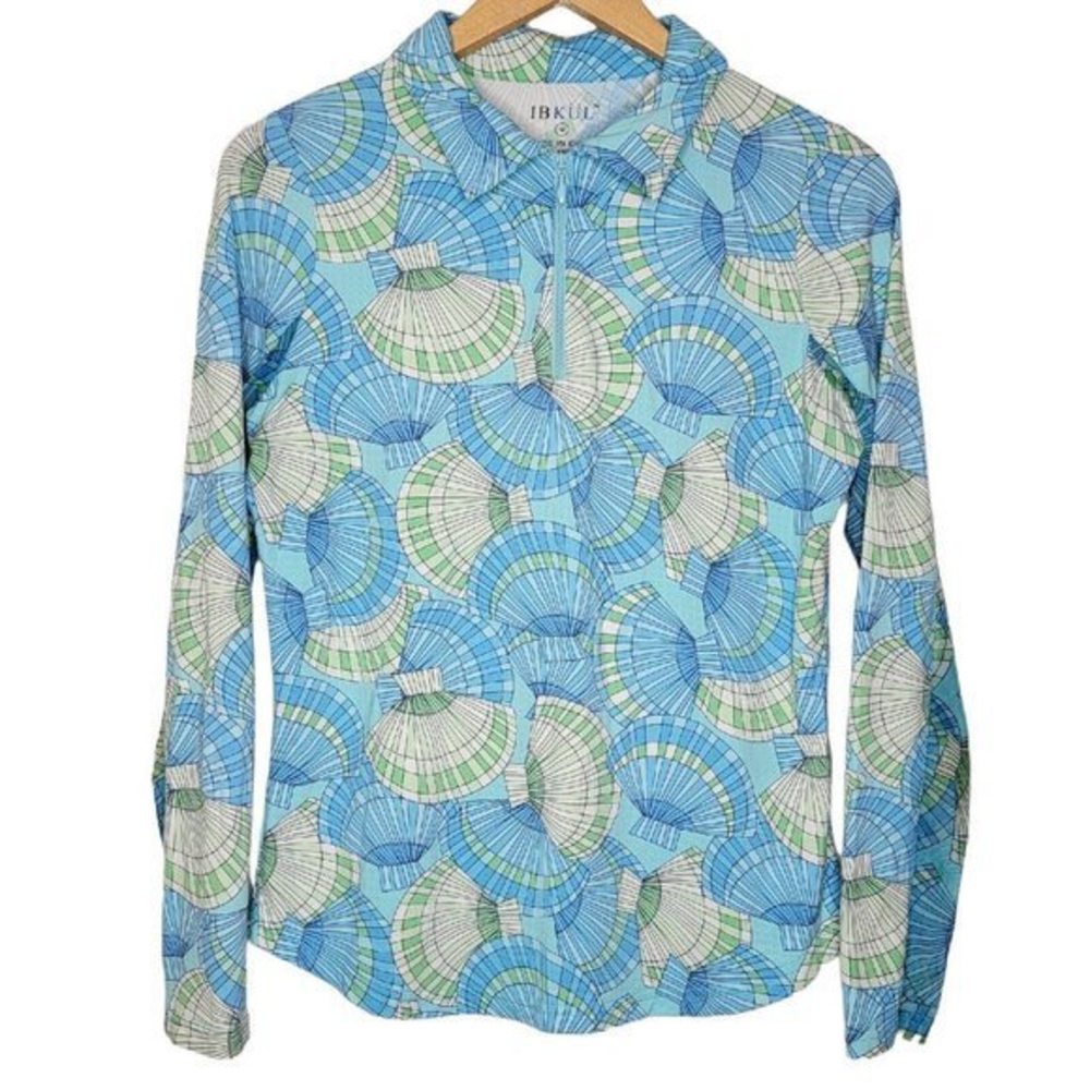 IBKUL Pullover Top Womens Medium Quarter Zip Blue Seashells Long Sleeve Pullover